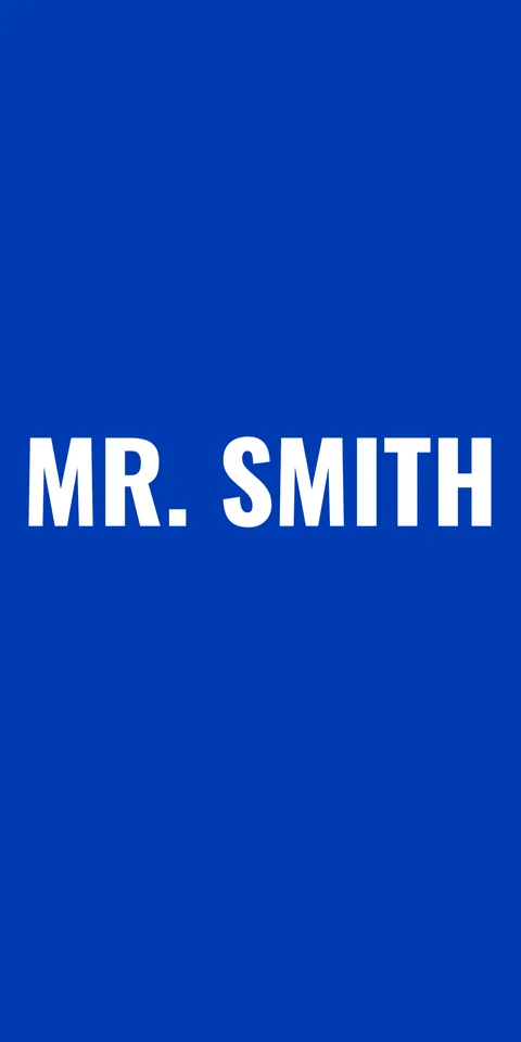 Airport pickup name sign on a phone: MR. SMITH in white letters on a blue background