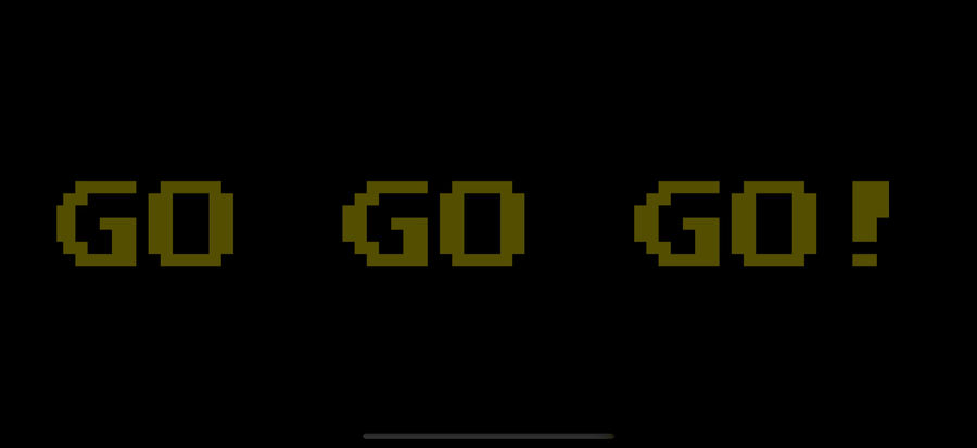 GO GO GO! in yellow pixel font — LED scroller style banner on a phone held sideways