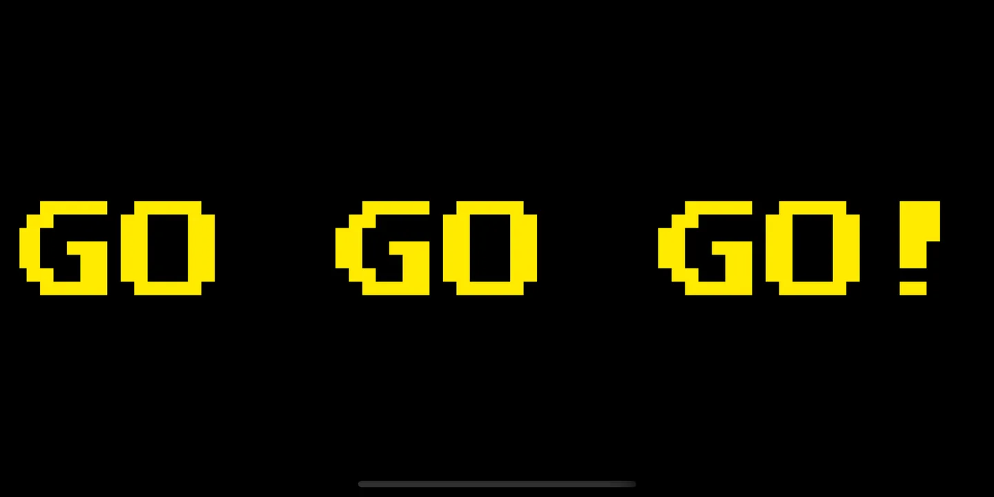 LED scroller style banner: GO GO GO! in yellow pixel font on a phone held sideways