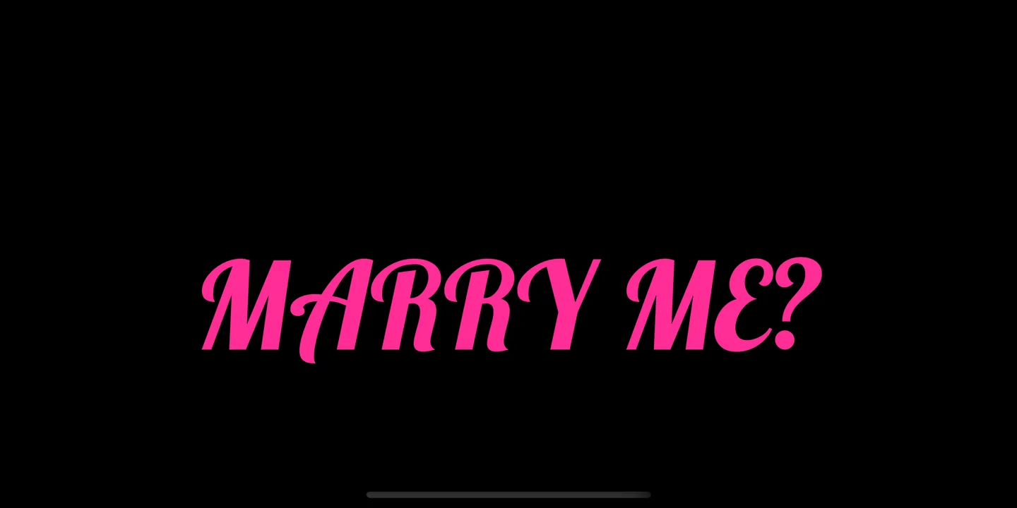Concert-style fan sign on a phone: MARRY ME? in pink script font on black, held sideways